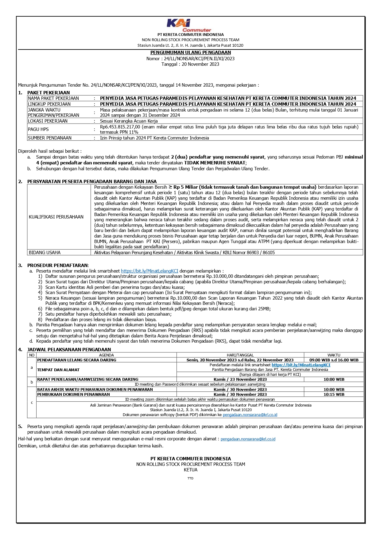 3 pengumuman ulang 24 penyedia jasa petugas paramedis pelayanan kesehatan pt kereta commuter indonesia tahun 2024 page 0001
